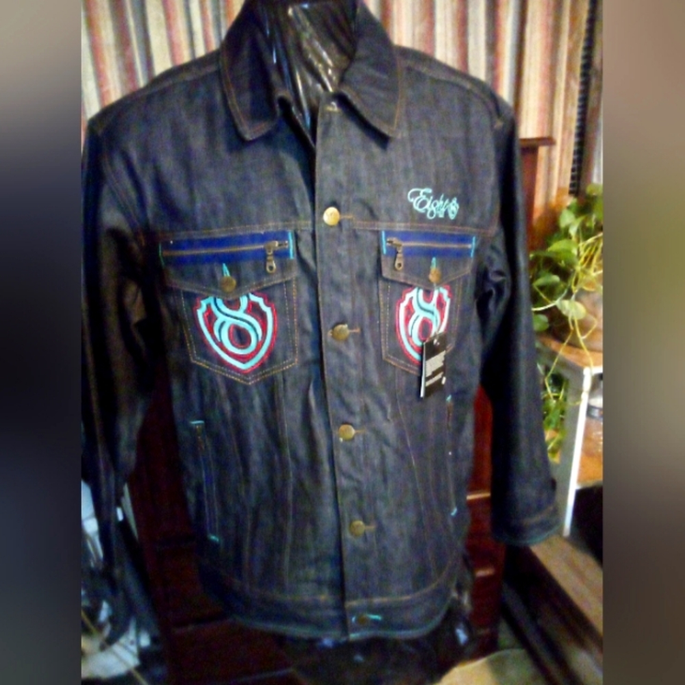 8732 Motor Club (Young Jeezy) Raw Denim Embroidered Hip Hop Jacket Men 2XL Blue